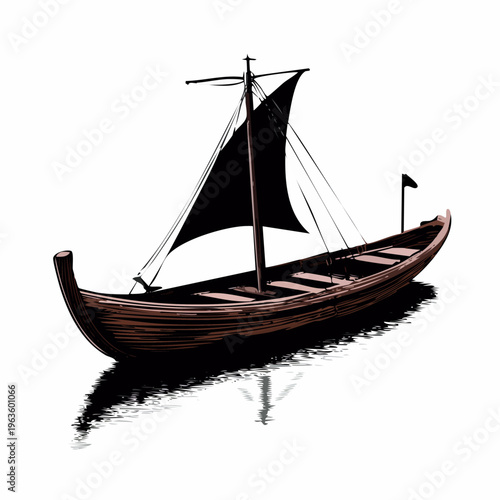 Viking ship with sail on water.