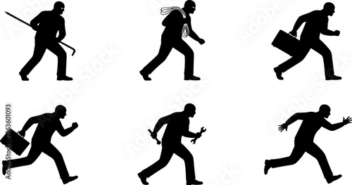 Silhouette collection of people in dynamic motion, carrying tools and briefcases, running, holding crowbar, rope, wrenches, isolated vector design