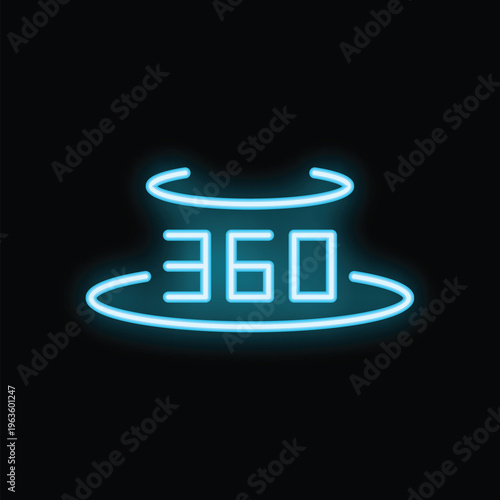 Blue neon icon of a 360 degrees rotating platform is glowing on a dark background