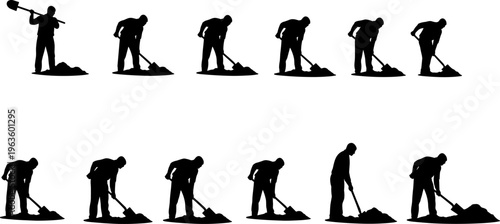 Silhouette collection of worker using shovel, digging, scooping, lifting, manual labor motion illustration, isolated vector design