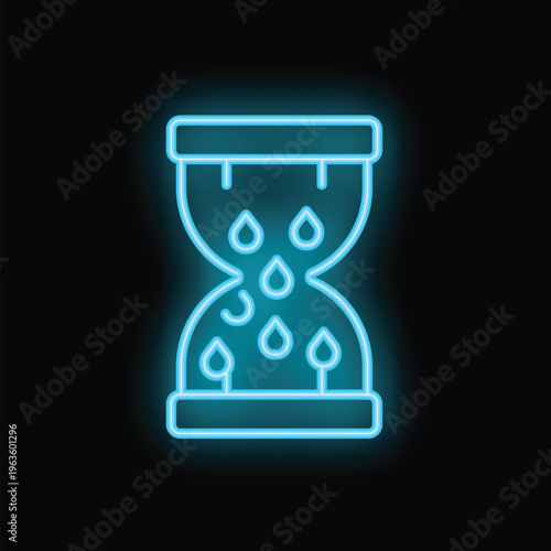 Blue neon icon of an hourglass with water drops inside and plants growing on the bottom, symbolizing life, growth, and the passage of time