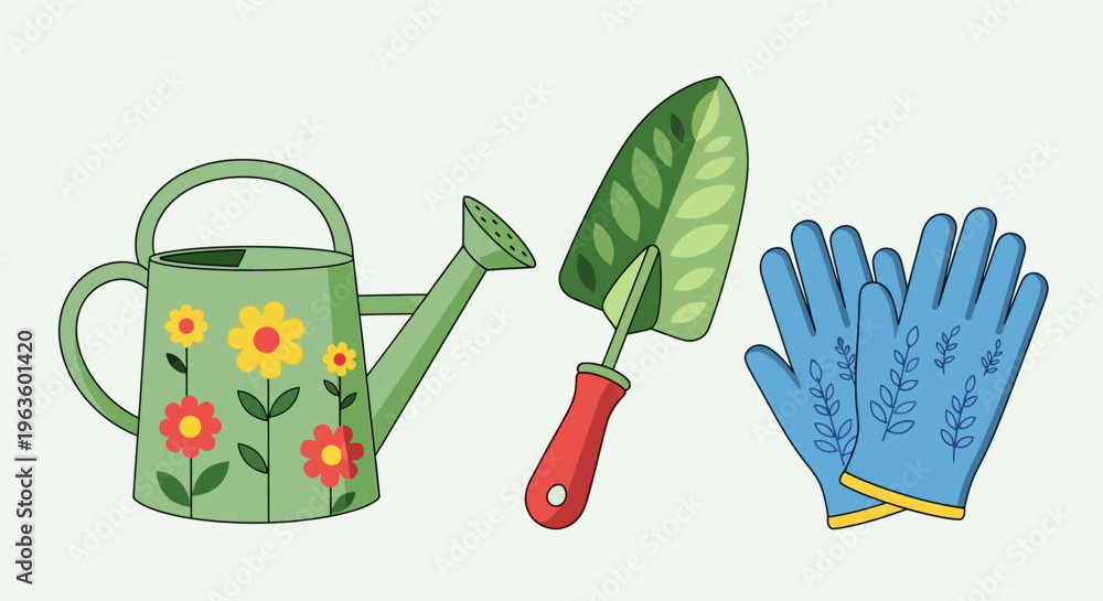 Obraz premium Cheerful illustrations of common gardening tools, adorned with playful floral and leaf details. This flat design brings a modern and inviting touch to themes of horticulture and outdoor activities