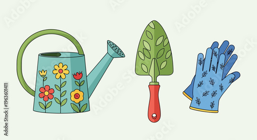 Cheerful illustrations of common gardening tools, adorned with playful floral and leaf details. This flat design brings a modern and inviting touch to themes of horticulture and outdoor activities