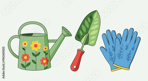 Cheerful illustrations of common gardening tools, adorned with playful floral and leaf details. This flat design brings a modern and inviting touch to themes of horticulture and outdoor activities