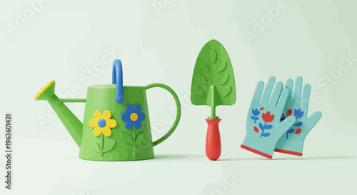Cheerful illustrations of common gardening tools, adorned with playful floral and leaf details. This flat design brings a modern and inviting touch to themes of horticulture and outdoor activities