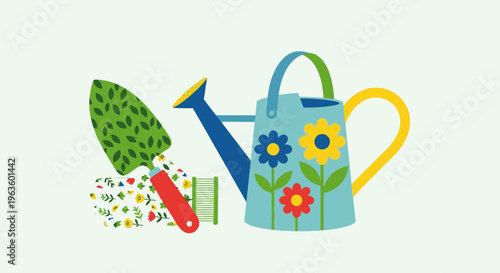 Cheerful illustrations of common gardening tools, adorned with playful floral and leaf details. This flat design brings a modern and inviting touch to themes of horticulture and outdoor activities