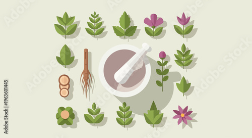 An illustrative flat design concept showcasing herbal medicine, with various plant parts surrounding a mortar and pestle.