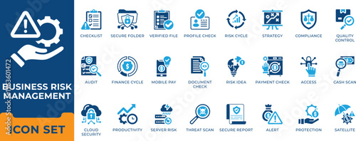 Business risk management and compliance icon set. Corporate audit, threat assessment, cybersecurity, financial strategy and quality control vector symbols.