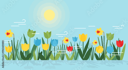 A cheerful flat design banner depicting a vibrant spring flower field filled with stylized tulips and daffodils. 