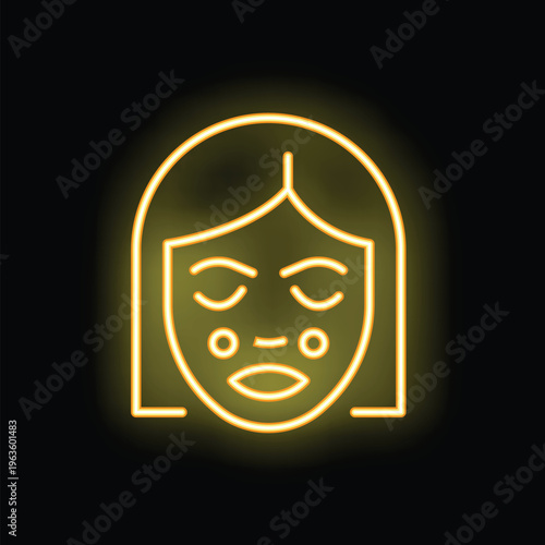 Yellow glowing neon sign representing a woman face with pigmentation spots, on a black background