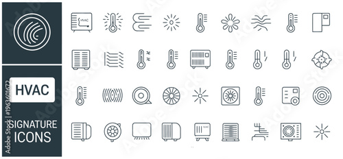 Collection of HVAC icons including fingerprint, thermometer, radiator, and fan symbols