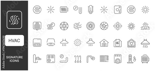 HVAC signature icons set with airflow, temperature, and climate control system elements