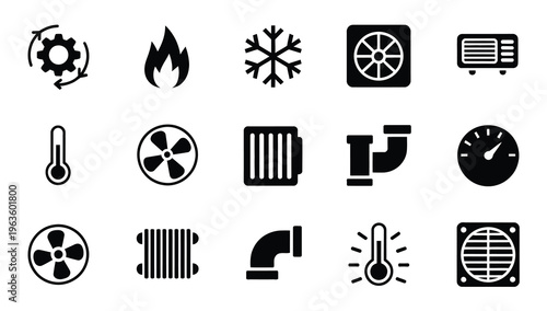Collection of HVAC icons featuring fans, temperature gauges, and climate symbols