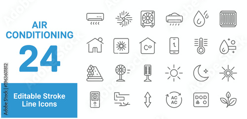 Editable stroke line icons for air conditioning, featuring home, weather, and climate control symbols