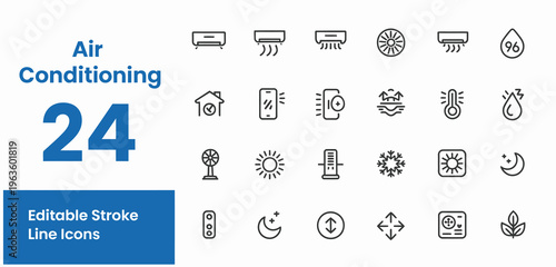 Air conditioning line icons set with 24 editable stroke symbols for climate control.