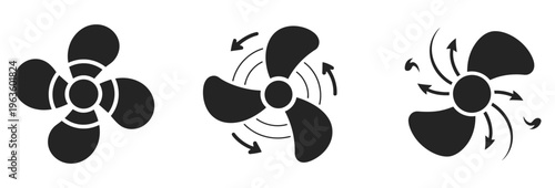 Set of three black fan icons showing rotation and air movement with arrows.