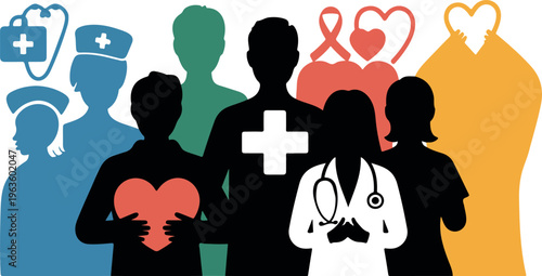 Medical care and support concept with diverse group of healthcare professionals and patients.