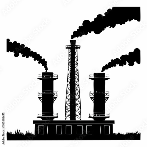 Industrial factory with smokestacks emitting pollution.