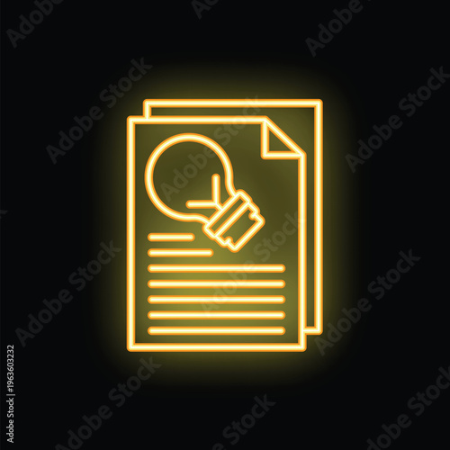 Neon yellow light bulb is shining on a document, representing a new idea