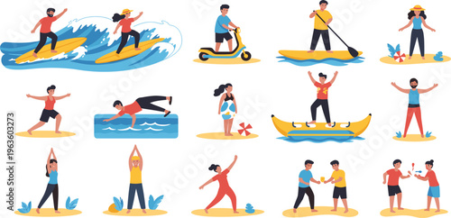 Summer Beach Activities Illustration Set with People Surfing Paddleboarding Yoga Dancing and Relaxing Outdoor Vacation Lifestyle Cartoon Vector Collection