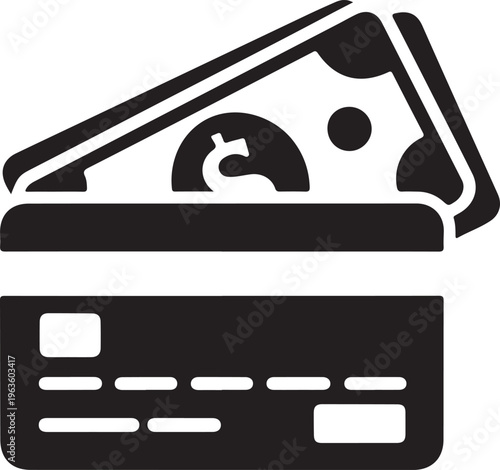 Black icon showing a credit card with banknotes and a dollar sign symbolizing financial transactions and payments