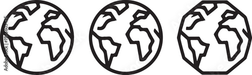 Three line art globes display different styles of the planet Earth, showing continents and oceans