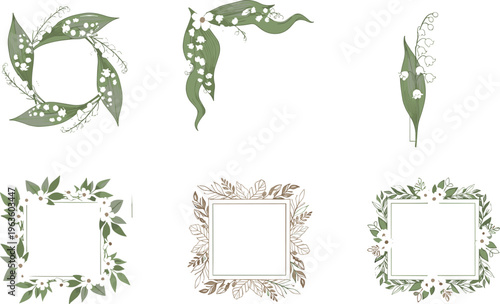 Botanical Frame and Corner Vector Set with Green Leaves and Lily of the Valley Floral Elements for Elegant Design, Wedding Invitations, and Decorative Borders