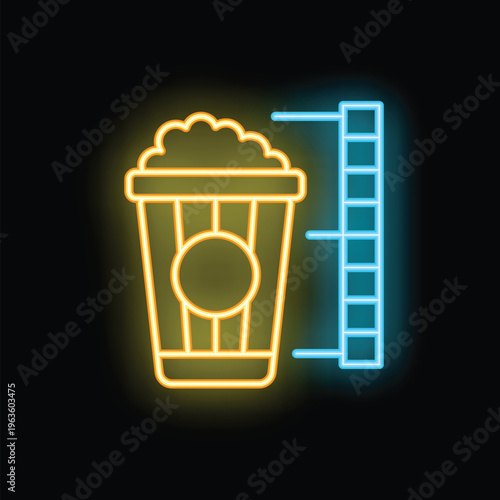 Neon sign illustration of a popcorn bucket and a film strip representing cinema industry, entertainment, and leisure