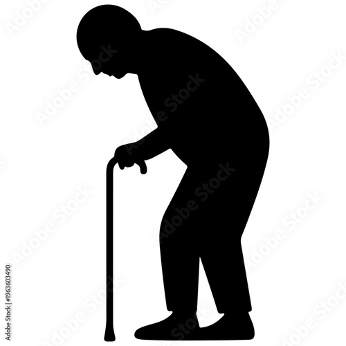 Elderly person using a cane in a bent-over posture