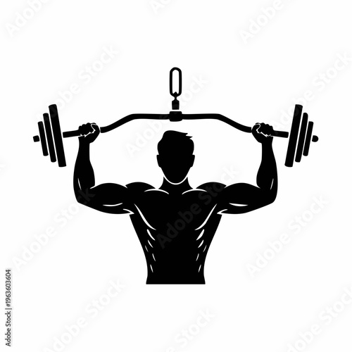 Black silhouette of muscular man lifting curved barbell