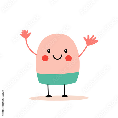 Cute Monster Character Waving Hands. Happy Cartoon Creature Vector Design. Friendly Mascot Illustration for Kids Content and Animation. Fun, Kawaii, Pastel Colors, Isolated on White - up to 200 char
