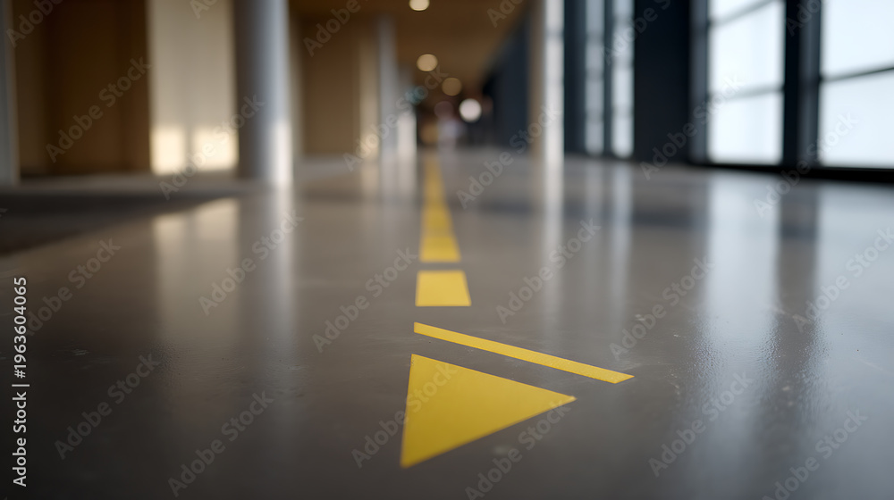 Fototapeta premium Abstract indoor ground-level view of a long hallway with a bright yellow guiding line leading forward, modern architectural space, perspective