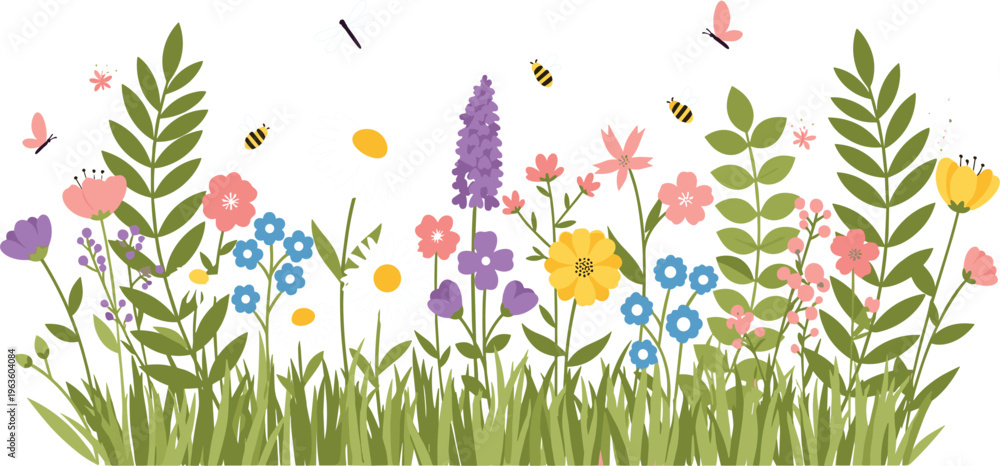 Fototapeta premium Colorful Wildflower Meadow Illustration with Blooming Garden Plants Bees Butterflies and Dragonflies in Spring Nature Landscape Decorative Vector Background