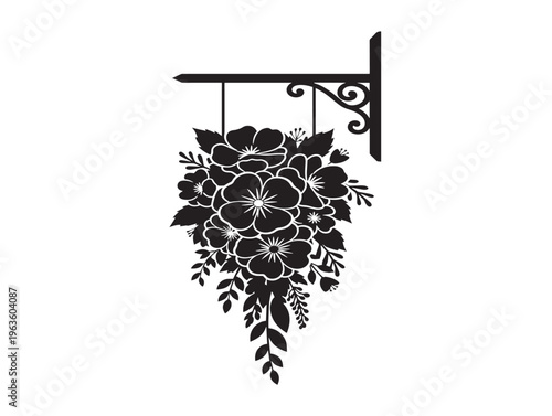 Handcrafted hanging flower shop sign silhouette with rustic wooden board shape