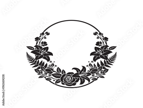 Elegant floral boutique emblem silhouette with sophisticated botanical crest design