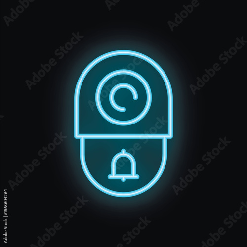 Blue glowing neon icon of a cctv camera displaying recording status and notification bell
