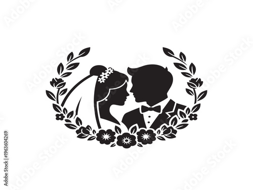 Romantic wedding florist logo silhouette with graceful bouquet and ribbon details