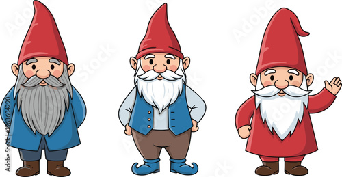 Charming Set of Hand-Drawn Gnomes in Different Poses with Colorful Outfits and Beards