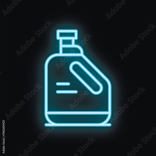 Neon blue icon of a plastic detergent bottle glowing on a black background