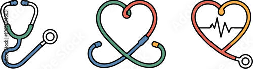 Medical stethoscope and cardiogram heart symbols healthcare and cardiology concept flat design icons.