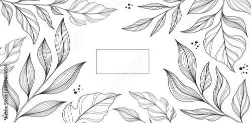 Hand Drawn Botanical Leaf Border Frame with Elegant Line Art Foliage Minimal Monochrome Vector Background for Branding Invitations and Natural Design