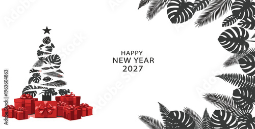 Happy New Year 2027 Greeting Card with Tropical Leaf Christmas Tree and Red Gift Boxes Minimal Holiday Vector Background Design