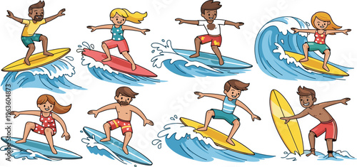 Kids Surfing Illustration Set with Children Riding Waves on Surfboards Summer Beach Activity Cartoon Vector Collection for Vacation and Outdoor Fun Designs