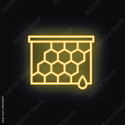 Yellow neon sign of a honeycomb frame with honey dripping representing honey production