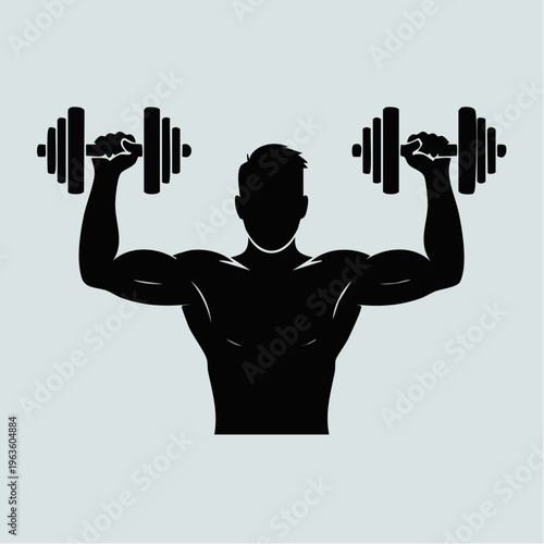 Black silhouette of muscular man lifting dumbbells