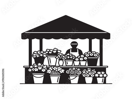 Quaint flower market stall silhouette with blooming display and canopy design