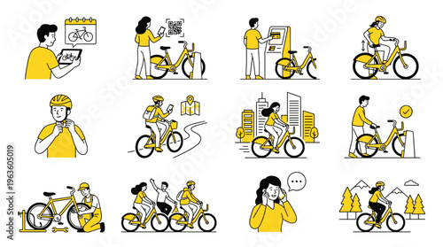 Flat design vector illustration of diverse people cycling and commuting in urban lifestyle scenes