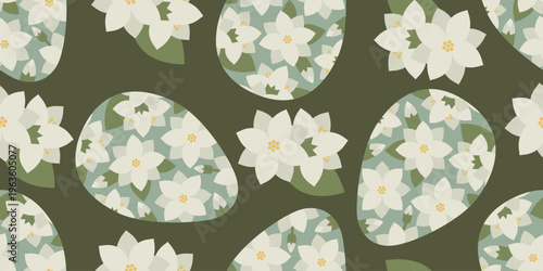 Seamless spring pattern with Easter eggs and jasmine flowers on olive background. White blossoms and green leaves create elegant floral design for textile and print.