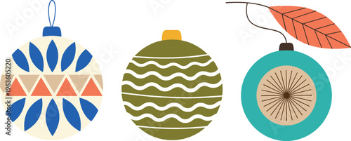 Christmas Ornament Vector Set with Decorative Baubles and Abstract Patterns for Holiday Design, Festive Greeting Cards, Winter Decoration, and Seasonal Illustration