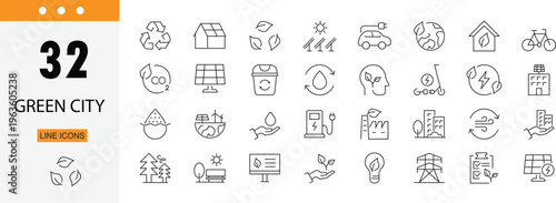 Green city icons set representing eco urban living, sustainability, clean energy, green buildings and environmental protection. Editable Stroke.